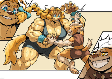 5_fingers 5_toes accessory anthro biceps big_breasts big_muscles blonde_hair blue_eyes bodily_fluids bow_ribbon braided_hair braided_ponytail breasts butt claws cleavage clothed clothing collar duo feet female fight finger_claws fingers fur grin hair hair_accessory hair_bow hair_ribbon hand_pawpads heel_pad humanoid_feet midriff muscular muscular_arms muscular_female muscular_legs muscular_thighs pawpads plantigrade plantigrade_pawpads ponytail ribbons size_difference smile soles spiked_collar spikes sweat tan_body tan_fur toe_claws toes white_hair yellow_eyes ceehaz dog_knight_rpg jeane_(ceehaz) nix_(ceehaz) bird_dog canid canine canis domestic_dog golden_retriever herding_dog hunting_dog mammal pastoral_dog retriever welsh_corgi 2026 absurd_res hi_res