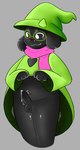 anthro balls black_body black_clothing black_ears black_fur black_nose black_robe blush blush_lines bodily_fluids clothed clothing clothing_lift eyewear fur genital_fluids genitals glasses green_clothing green_eyewear green_glasses green_hat green_headwear green_robe grey_background hat headgear headwear heart_symbol male multicolored_clothing multicolored_robe penis pink_scarf precum presenting presenting_penis robe robe_lift scarf simple_background small_balls small_penis solo standing two_tone_clothing two_tone_robe white_eyes rydryd deltarune undertale_(series) ralsei bovid caprine darkner goat mammal 2025 digital_media_(artwork)