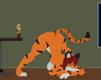 abdominal_bulge anal anal_vore anthro ass_up big_breasts blush breasts duo endosoma extreme_size_difference female female/female female_pred fur green_eyes hair jack-o'_pose micro orange_body orange_fur pose red_hair safe_vore size_difference spread_legs spreading striped_body striped_fur stripes vore xinyu olivia_(averza) canid canine felid mammal maned_wolf pantherine tiger animated digital_media_(artwork) pixel_(artwork) pixel_animation