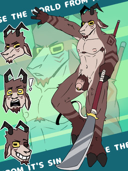 anthro brown_body brown_fur facial_hair foreskin fur fur_markings genital_piercing genitals glaive goatee hooves horn male markings melee_weapon penis penis_piercing piercing polearm prince_albert_piercing ring_piercing solo weapon yellow_eyes sirozinn oatzu bovid caprine goat mammal 3:4 absurd_res digital_drawing_(artwork) digital_media_(artwork) hi_res model_sheet