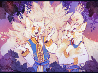 anthro avian_feet beak claws clothed clothing detailed_background duo fangs feral food fruit fur garden grape hair jewelry long_hair looking_at_another male markings open_mouth plant smile teeth white_body white_fur white_hair yellow_eyes yellow_markings wanderertamplior avian bird canid canine chicken fox galliform mammal peafowl phasianid 4:3 digital_media_(artwork) sibling_(lore) twins_(lore)