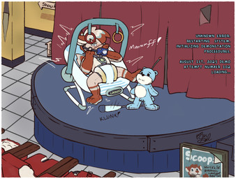 abandoned abandoned_building ageplay anthro bdsm bodily_fluids bondage bound diaper duo future gag genital_fluids genitals infantilism lock machine male male/male object_in_mouth orgasm_denial pacifier pacifier_gag pacifier_in_mouth penis plushie roleplay science_fiction small_penis struggling text unclean_diaper urine used_diaper wet_diaper young young_anthro young_male poorsal scoops_(spoons) animate_inanimate hyena living_plushie mammal robot english_text hi_res