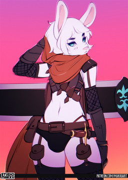 anthro armor belt bulge chainmail clothed clothing crossdressing dagger femboy garter_straps hair male melee_weapon solo standing text thong underwear weapon white_hair tsudamaku nero_lucia lagomorph leporid mammal rabbit hi_res url