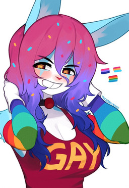 anthro big_breasts bisexual_pride_colors breasts cleavage clothed clothing clown female gloves grinning_at_viewer handwear lgbt_pride pansexual_pride_colors pride_colors shirt solo star_pupils tank_top text topwear yoako cupcake_(yoako) lagomorph leporid mammal rabbit 2025 english_text