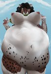 anthro belly big_belly big_breasts black_hair blue_sky breasts brown_body brown_fur cloud facial_spots female fingerpads front_view fur hair huge_belly huge_breasts low-angle_view navel nipples nude orange_eyes pawpads red_nipples red_pawpads sky solo spotted_arms spotted_face spotted_legs standing vore white_body white_fur roobin roobin_(character) felid hybrid mammal pumapard hi_res