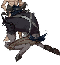anthro duo fellatio holding_horn horn male male/male oral penile sex tail tail_motion tailwag flanco identity_v jeffrey_bonavita bovid caprine goat humanoid hybrid mammal tagme