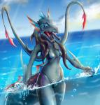 anthro bathing bikini clothing female open_mouth pseudo_hair sea small_waist solo swimwear tentacle_hair tentacles two-piece_swimsuit walking water victordantes scp_foundation scp-1128 marine sea_monster