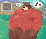 anthro balls bodily_fluids brown_body brown_fur clothing fur genital_fluids genitals humanoid_genitalia humanoid_hands humanoid_penis male outside overweight overweight_anthro overweight_male penis precum shirt solo topwear matchaijuice animal_crossing nintendo grizzly_(animal_crossing) bear mammal 2021