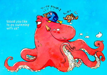 blue_background blue_body bubble female feral group male orange_body orange_ears orange_fins orange_tentacles simple_background stripes tentacles text trio underwater water white_stripes yellow_fins young ebijoshi disney finding_dory finding_nemo pixar dory_(finding_nemo) hank_(finding_dory) marlin_(finding_nemo) nemo_(finding_nemo) acanthurid clownfish fish giant_pacific_octopus marine pomacentrid regal_tang 2018 english_text japanese_text translation_request