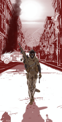 accessory anthro armed armor ballistic_mask black_hair blood blood-stained_clothing bodily_fluids body_armor bound braided_hair bullet_hole bulletproof_vest burning camouflage_uniform car city cloak clock clothing detailed_background dog_tags exoskeleton fire fur furgonomics g36k gun hair holding_object machine_gun male mask mercenary military_uniform multicolored_body multicolored_fur ranged_weapon shell_casings smoke solo stray sun tactical_gear tail tail_accessory uniform vehicle watch weapon wristwatch yellow_eyes foxolex canid canine fox human mammal red_fox true_fox absurd_res hi_res