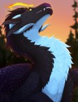 black_body black_fur blue_body blue_fur day detailed_background feathered_wings feathers feral fur horn looking_at_viewer outside quadruped sky teeth wings silvyr mythology dragon furred_dragon furred_scalie mythological_creature mythological_scalie scalie 2022 digital_media_(artwork) hi_res