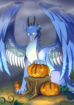 ambiguous_gender blue_body blue_eyes blue_feathers blue_fur claws feather_markings feathers feral food fruit fur glowing glowing_eyes glowing_markings halloween_decoration horn markings pawpads plant pumpkin solo spikes spread_wings tail white_body white_feathers wings jarts european_mythology mythology zeph_(nightfire_zephyr) dragon furred_dragon furred_scalie mythological_creature mythological_scalie scalie western_dragon absurd_res hi_res