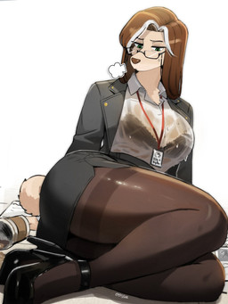 anthro big_breasts bottomwear bra breasts brown_hair clothing eyebrows eyewear female footwear fur glasses green_eyes hair high_heels highlights_(coloring) mature_female name_tag pencil_skirt shirt shoes skirt solo tan_body tan_fur topwear translucent translucent_clothing translucent_shirt translucent_topwear underwear white_highlights 00niine elysia_(00niine) canid canine canis domestic_dog mammal 2026 3:4 digital_media_(artwork) hi_res