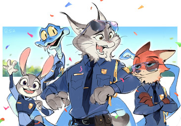anthro celebration clothed clothing eyewear fangs female feral glasses group male outside police police_uniform teeth uniform sasuke72806332 disney zootopia gary_de'snake judy_hopps nick_wilde pawbert_lynxley canada_lynx canid canine european_rabbit felid feline fox lagomorph leporid lynx mammal oryctolagus pit_viper rabbit red_fox reptile scalie snake true_fox viper