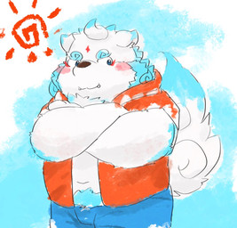 anthro blue_body blue_fur blush bottomwear clothing cute_fangs fangs fur hoodie kemono male navel shorts slightly_chubby solo sun teeth topwear white_body white_fur young kipchin_2nd00 asian_mythology east_asian_mythology japanese_mythology lifewonders mythology tokyo_afterschool_summoners agyo_(tas) foo_dog komainu mammal yokai 2021