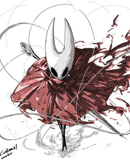 2_horns ambiguous_gender anthro biped black_body black_text cloak clothed clothing empty_eyes horn melee_weapon red_cloak red_clothing solo standing text thread weapon unicter hollow_knight_(franchise) team_cherry hornet_(hollow_knight) arthropod 2026 absurd_res english_text hi_res signature female_(lore)
