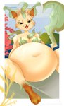 anthro anthrofied belly big_belly breasts female naturally_censored naturally_censored_breasts navel overweight overweight_female pokemorph solo yellow_sclera moonrick nintendo pokemon eeveelution generation_4_pokemon leafeon pokemon_(species) hi_res