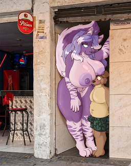 anthro big_breasts big_female bodily_fluids boob_hat breast_squish breasts brown_body butt butt_grab clothing dominant dominant_female duo erection erection_under_clothing female genital_fluids genitals hand_on_butt hand_on_leg male male/female nipples purple_body size_difference smaller_male squish standing vaginal vaginal_fluids vulva mestysa a_chance_encounter rojo_(useable_user) bear felid feline mammal 2026 absurd_res hi_res meme