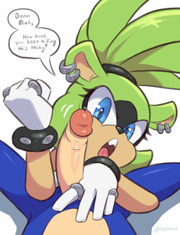 anthro big_penis black_body black_markings blue_body blue_eyes blue_fur bodily_fluids clothing conjoined_speech_bubble dialogue digit_ring duo ear_piercing ear_ring facial_markings female finger_ring fingers first_person_view forearm_test fur genital_fluids genitals gloves green_body green_fur green_hair hair handwear head_markings humanoid_genitalia humanoid_penis jewelry looking_at_viewer male male/female male_pov markings multicolored_body multicolored_fur open_mouth penis piercing precum ring_piercing simple_background speech_bubble spread_legs spreading text twitter_handle two_tone_body two_tone_fur white_background white_clothing white_gloves white_handwear the_other_half idw_publishing sega sonic_the_hedgehog_(comics) sonic_the_hedgehog_(idw) sonic_the_hedgehog_(series) sonic_the_hedgehog surge_the_tenrec afrosoricid eulipotyphlan hedgehog mammal tenrec 2025 english_text hi_res