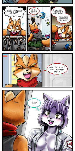 anthro beak belt blue_body blue_fur blue_hair bottomless bottomwear breasts chest_tuft clothed clothing convenient_censorship crotch_tuft dialogue dipstick_tail doorway eyebrows eyelashes eyes_closed female fingerless_gloves fur gloves group hair handwear hat headgear headwear jacket jacket_only kerchief male markings neckerchief neckwear open_mouth orange_body orange_fur pants tail tail_markings teeth text topwear topwear_only tuft white_body white_fur john_joseco nintendo star_fox falco_lombardi fox_mccloud krystal_(star_fox) slippy_toad amphibian avian bird canid canine falcon falconid fox frog mammal toad_(frog) 2025 absurd_res comic english_text hi_res