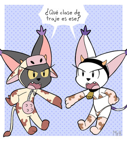 animal_print anthro bikini black_body black_fur clothing collar cow_costume cow_print cowbell dialogue duo erect_nipples eyelashes female fur gloves handwear horn legwear nipples nipples_visible_through_clothing open_mouth swimwear tail talking_to_another text two-piece_swimsuit white_body mr_harinezumi bandai_namco digimon bianc_(el_senor_erizo) nera_(el_senor_erizo) blackgatomon digimon_(species) felid feline gatomon mammal 2025 hi_res spanish_description spanish_text translated