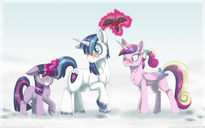 accessory blue_eyes blue_hair blush bow_(feature) bow_accessory bow_ribbon cutie_mark feathered_wings feathers female feral fur furgonomics glowing group hair hair_accessory hair_bow hair_ribbon holly_(plant) horn levitation magic male multicolored_hair outside pink_body pink_feathers plant purple_body purple_eyes purple_fur purple_hair ribbons snow sparkles tail tail_accessory tail_bow tail_ribbon two_tone_hair wings young inuhoshi-to-darkpen friendship_is_magic hasbro my_little_pony mythology princess_cadance_(mlp) shining_armor_(mlp) twilight_sparkle_(mlp) equid equine mammal mythological_creature mythological_equine unicorn winged_unicorn 2012 brother_(lore) brother_and_sister_(lore) sibling_(lore) sister_(lore)