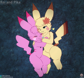 anthro blush blush_lines duo female fur grass_field heart_symbol hearts_around_head hug jewelry male male/female pendant pink_body pink_fur smile text thick_thighs wide_hips yellow_body yellow_fur senz nintendo pokemon pikaholy reimachu generation_1_pokemon pikachu pokemon_(species) absurd_res hi_res url