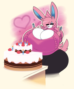 anthro big_breasts big_butt birthday_cake breasts butt cake candle cleavage clothed clothing cutlery dessert eyes_closed female food fork fur hair hat headgear headwear heart_symbol huge_breasts huge_butt hyper hyper_breasts hyper_butt kitchen_utensils party_hat pink_hair simple_background sitting smile solo spoon tail thick_thighs tools white_body white_fur dewbber nintendo pokemon selene_(itsawulf) eeveelution generation_6_pokemon pokemon_(species) sylveon 2023 5:6 absurd_res digital_media_(artwork) hi_res