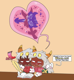 anthro aroused blush blush_lines duo fangs female fingering floating_arms floating_hands furniture gesture hair heart_symbol horn long_hair loose_feather male male/female multi_arm multi_eye multi_limb multiple_hands quill sharp_teeth table teasing teeth text kittipaws kirby:_triple_deluxe kirby_(series) nintendo queen_sectonia_(original_form) taranza arachnid arthropod humanoid spider spidr absurd_res english_text hi_res