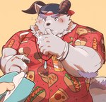 aloha_shirt anthro blush clothing eyebrows fur hair horn male muscular muscular_anthro muscular_male pattern_clothing pattern_shirt pattern_topwear purple_hair shirt solo thick_eyebrows topwear white_body white_fur sawch_cls lifewonders tokyo_afterschool_summoners behemoth_(tas) monster hi_res