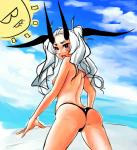 blush bodily_fluids breasts butt clothed clothing embarrassed female horn not_furry outside sky solo sweat thong topless underwear eu03 horned_humanoid humanoid hi_res