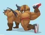 anthro big_butt blue_background brown_body brown_fur butt clothed clothing collar footwear fur horn jockstrap male muscular muscular_anthro muscular_male shoes simple_background solo topless underwear wings tylerstark darkmask demon mammal procyonid raccoon absurd_res hi_res