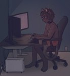 angry anthro bangs barefoot biped black_body black_fur black_hair bottomwear boxers_(clothing) chair clothed clothing collar computer computer_monitor electronics feet fur furniture hair keyboard long_tail male male_anthro office_chair orange_boxers orange_clothing orange_eyes orange_underwear outlet sitting solo tail topless underwear wire fiuefey jeremy_maslin domestic_cat felid feline felis mammal 2025 colored digital_drawing_(artwork) digital_media_(artwork) hi_res shaded watermark