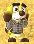 anthro biped black_eyes bottomless brown_nose chibi clothed clothing dress_shirt grey_clothing grey_shirt grey_topwear male markings multicolored_body paws shirt solo standing tail toony topwear yellow_body wienerdogworks animal_crossing nintendo frett_(animal_crossing) bird_dog canid canine canis domestic_dog hunting_dog labrador mammal retriever 2022 digital_drawing_(artwork) digital_media_(artwork) full-length_portrait hi_res portrait