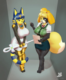 accessory anthro bangs big_breasts biped black_lips blonde_hair blue_hair blue_lips bottomwear breasts button_(fastener) clipboard clothed clothing cybernetics dipstick_tail dress duo egyptian egyptian_clothing eyebrow_through_hair eyebrows female fully_clothed fur green_clothing green_topwear green_vest hair holding_clipboard holding_object holding_pencil holding_scepter lips machine markings pattern_clothing pattern_topwear pattern_vest pencil_(object) scepter skirt snout striped_markings striped_tail stripes tail tail_markings topwear translucent translucent_hair usekh vest white_clothing white_dress white_tail_tip yellow_body yellow_fur pecivalrat animal_crossing nintendo ankha_(animal_crossing) isabelle_(animal_crossing) canid canine canis cyborg domestic_cat domestic_dog felid feline felis mammal shiba_inu spitz 2025 digital_media_(artwork) hi_res shaded