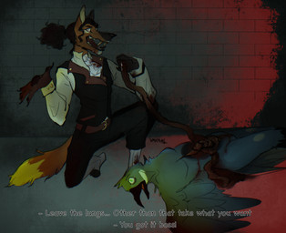 ambiguous_gender anthro blood bodily_fluids clothed clothed/nude clothing collared_shirt death dialogue dress_shirt duo gold_(metal) gold_tooth gore guts intestines jabot male nude organs shirt snuff suit_jacket text topwear vaxhunt ambiguous_species avian bird canid canine mammal maned_wolf english_text hi_res