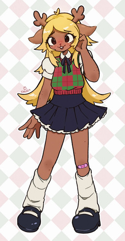 adolescent anthro antlers band-aid bandage blonde_hair bottomwear brown_body brown_eyes buckteeth checkered checkered_background clothing eyebrows eyelashes female footwear freckled_arms freckled_face freckled_legs freckles hair horn legwear long_hair open_mouth pattern_background shoes simple_background skirt solo teeth young young_anthro young_female bunsidhe deltarune undertale_(series) noelle_holiday cervine deer mammal 2025 hi_res