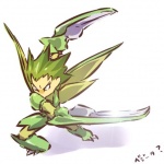 1:1 alternate_species armor arthropod biped black_eyes black_text blade_arm claws cosplay generation_1_pokemon green_hair hair hitec human humanized insect japanese_text light_body light_skin male mammal nintendo pokemon pokemon_(species) pose scyther short_hair simple_background solo spiky_hair text translated white_background yellow_body yellow_skin