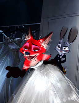accessory anthro anthro_on_anthro clothed clothing crossdressing dress duo female fingers fur grey_body grey_fur interspecies long_ears male male/female multicolored_body multicolored_fur narrowed_eyes necktie open_mouth predator/prey red_body red_fur standing suit teeth wedding_dress nibkman0304 disney zootopia judy_hopps nick_wilde canid canine european_rabbit fox lagomorph leporid mammal oryctolagus rabbit red_fox true_fox hi_res