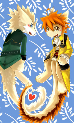 anthro blue_eyes blush cheek_tuft clothed clothing duo ears_back facial_tuft fur glistening glistening_eyes green_clothing green_topwear hair looking_at_viewer male open_mouth orange_eyes orange_hair pattern_background pivoted_ears red_tongue simple_background tail tongue topwear tuft yellow_body yellow_clothing yellow_fur kuttoyaki mythology dragon furred_dragon furred_scalie mythological_creature mythological_scalie scalie sergal hi_res