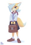 aged_down anthro asian_clothing bottomwear briefcase clothing east_asian_clothing female footwear fur green_eyes hair hair_over_eye japanese_clothing japanese_school_uniform looking_at_viewer one_eye_obstructed orange_body orange_fur pleated_skirt school_uniform serafuku shoes skirt socks solo standing uniform unimpressed white_hair young young_female aruurara liina_(aruurara) canid canine fox mammal 2022 hi_res