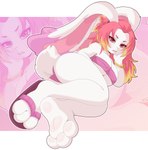 3_toes anthro bracelet breasts cleavage clothed clothing eyeshadow feet female flip_flops footwear fur hair jewelry long_ears long_hair looking_at_viewer makeup multicolored_hair pawpads plantigrade plantigrade_pawpads sandals shoes soles solo tail toes white_body white_fur krayboost gunfire_reborn tao_(gunfire_reborn) lagomorph leporid mammal rabbit 2025 absurd_res digital_media_(artwork) hi_res