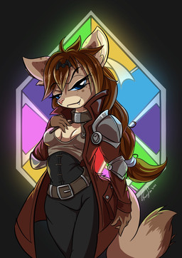 accessory anthro belt blue_eyes breasts brown_body brown_fur brown_hair cleavage clothed clothing coat dipstick_tail fangs female fully_clothed fur hair hair_accessory hairband long_hair looking_at_viewer markings medium_breasts solo spots tail tail_markings teeth topwear surryfox art_fight vampire 2023 digital_media_(artwork) hi_res portrait signature three-quarter_portrait