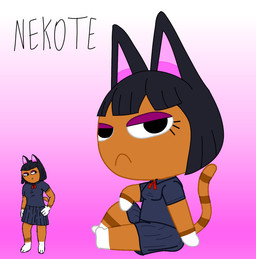 anthro black_hair brown_body brown_fur clothing female fur hair looking_at_viewer makeup narrowed_eyes nekote_(shinosagi_legends_untold) school_uniform sitting sitting_on_ground solo uniform white_paws rob-posa animal_crossing nintendo fan_character domestic_cat felid feline felis mammal hi_res
