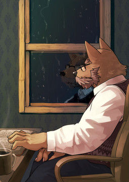 anthro beverage book bottomwear brown_body brown_fur chair clothing coffee detailed_background eyewear fur furniture glasses inside kemono male night pants raining rectangular_glasses reflection shirt sitting solo topwear kotori canid canine canis domestic_dog mammal 2021 hi_res