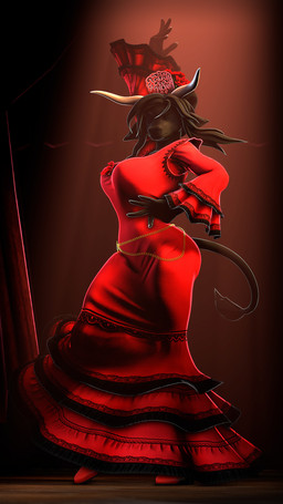 5_fingers anthro black_body black_fur black_hair breasts clothed clothed_anthro clothed_female clothing dancing dress female fingers footwear fur hair horn humanoid_hands shoes solo petruz petruz_(modeler) mercedes_(petruz) bovid bovine cattle mammal 3d_(artwork) 9:16 absurd_res digital_media_(artwork) hi_res source_filmmaker_(artwork)