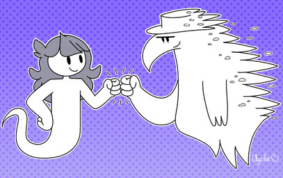 anthro beak clothing duo female fist_bump gesture grey_hair hair hat headgear headwear long_hair male white_body cdgzilla9000 speed_dating_for_ghosts youtube jaiden_animations spooky_peter avian bird blank_humanoid ghost humanoid spirit hi_res