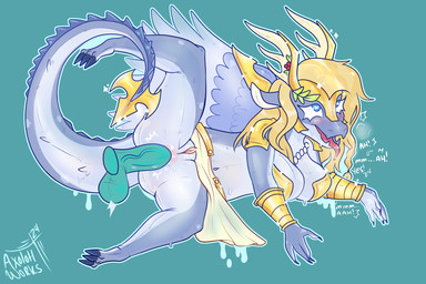 ahegao anal anal_penetration anthro anus armor big_breasts blonde_hair blue_body blue_eyes bottomwear bracers breasts clothed clothing disembodied_penis duo eye_roll fangs feathered_wings feathers female female_focus genitals hair headgear helmet humanoid_genitalia humanoid_penis inflatable jewelry looking_pleasured lying male male/female moan navel necklace non-mammal_breasts non-mammal_navel non-mammal_vulva on_side open_mouth pauldron penetration penile penile_penetration penis penis_in_ass pink_tongue raised_leg sex skirt snout solo_focus spade_tail tail teeth tongue tongue_out toy upskirt vulva wings axolotlworks mythology yu-gi-oh! saffira_queen_of_dragons animate_inanimate dragon duel_monster living_inflatable mythological_creature mythological_scalie scalie 3:2 hi_res