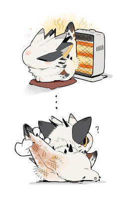 4_fingers ambiguous_gender black_body black_fur chibi claws comfy disembodied_hand duo eyes_closed feral finger_claws fingers fur grey_body grey_fur hand_on_another's_tail hand_on_tail head_horn heater horn looking_at_another lying on_pillow pillow question_mark rear_view simple_background simple_eyes solo_focus tail tail_grab toasted_buns white_background white_body white_fur yellow_eyes dg_jia mammal unknown_species 2024 digital_drawing_(artwork) digital_media_(artwork) hi_res