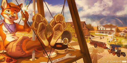 4_toes anthro barefoot black_nose black_pawpads building claws clothed clothing cloud countershade_feet countershading day detailed_background feet female finger_claws flat_cap food foot_focus fur glass_bottle group hat headgear headwear hindpaw house kerchief leg_markings male markings orange_body orange_fur outside pawpads paws plantigrade rainbow rainbow_arch record record_player sandwich_(food) sitting socks_(marking) soles solo_focus text toe_claws toes tools topless wheat wrench wrinkled_feet wrinkles foxer421 canid canine fox mammal 2020 artist_name hi_res